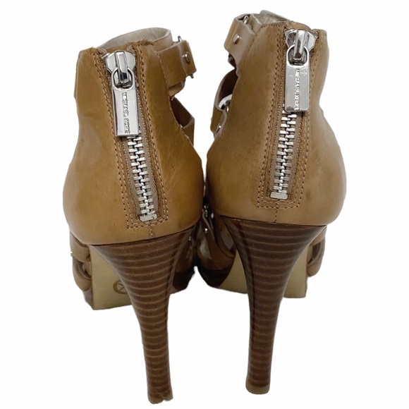 Michael MICHAEL KORS LEONIA LEATHER TAN STRAPPY ANKLE HEELED SANDALS - Picture 4 of 10